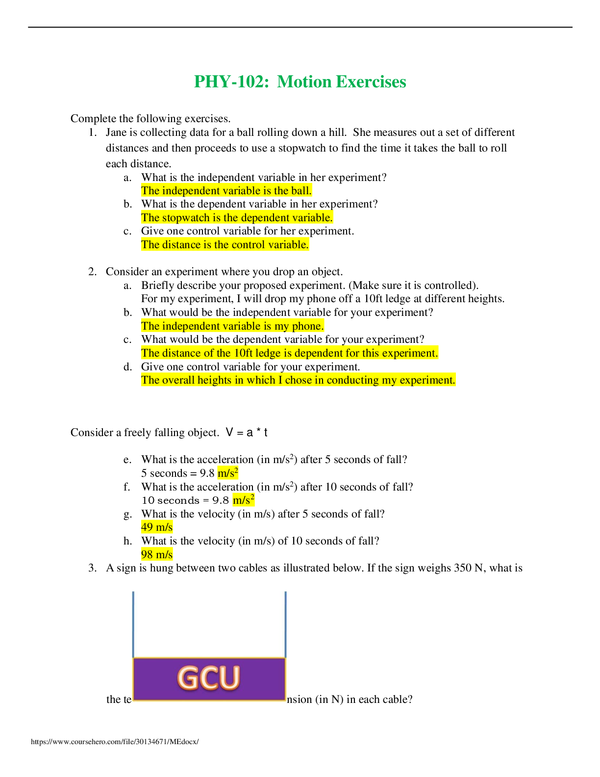 Preview image of PHY-102: Motion Exercises document